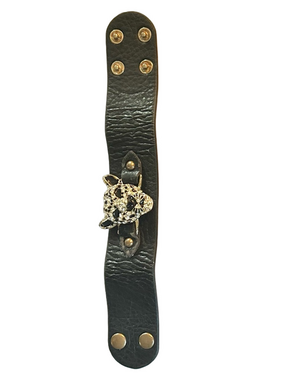 Black Faux Leather Cuff Bracelet with Jeweled Leopard Accent